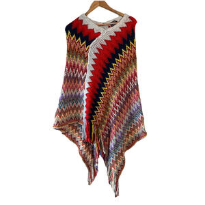 Permanent Woman's Knit Zigzag Poncho One Size Fringe‎ Boho Retro Hippie Scandi